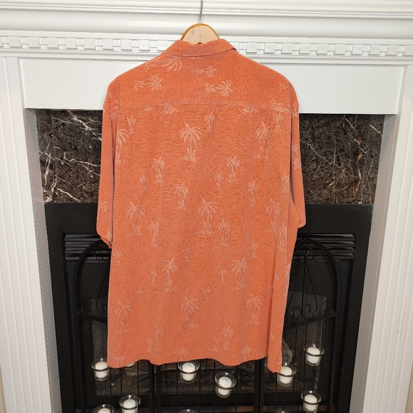 CARIBBEAN PALM PRINT WOVEN SILK BLEND SHORT SLEEVE SHIRT, CORAL XL - Picture 3 of 9